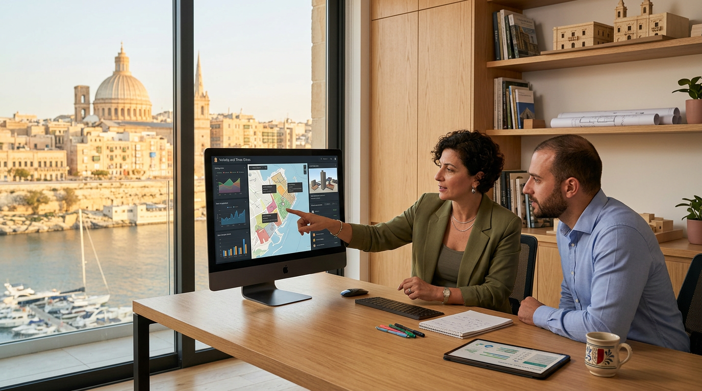 Architect reviewing planning data overlooking Valletta harbour